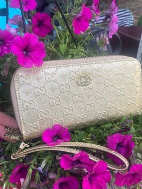 Gold Bee Embossed Zip Wallet with Gold Hardware